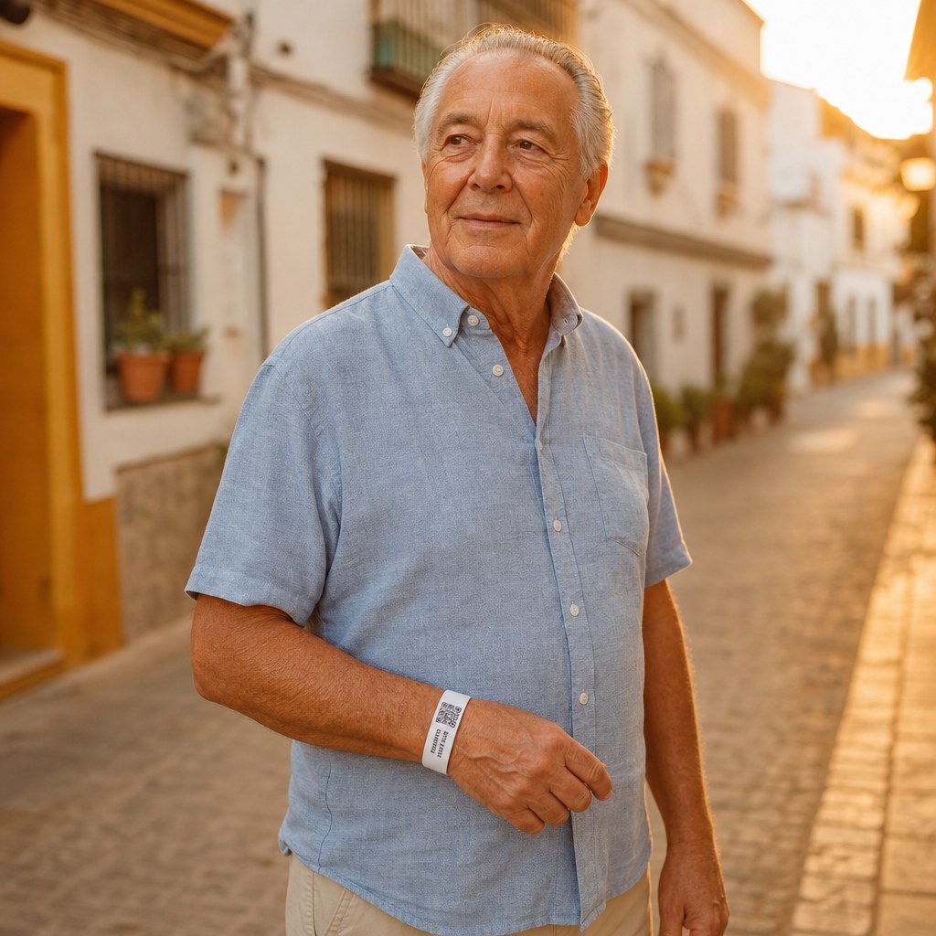 Un mayor con Alzheimer paseando con una pulsera de localización para evitar desorientarse