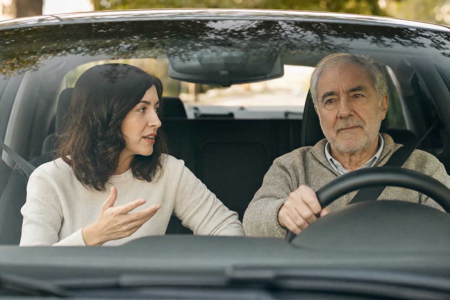Hombre mayor al volante conversando con su hija en el asiento del copiloto sobre si debe seguir conduciendo