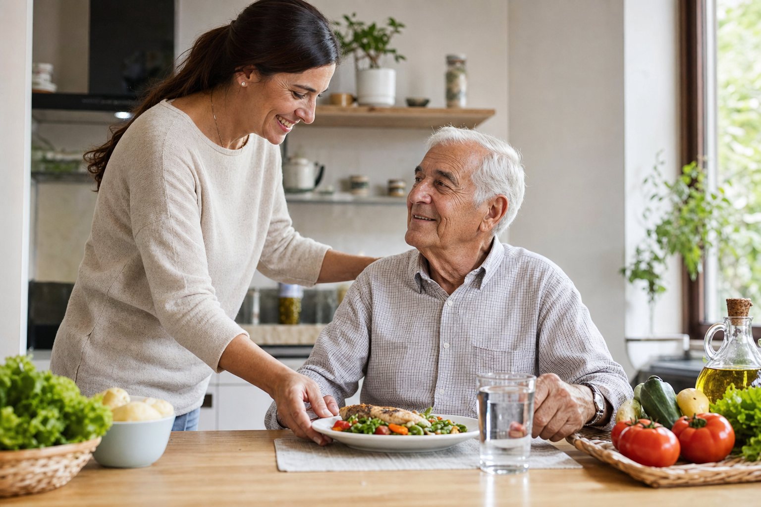 Hombre mayor sentado a la mesa con un plato saludable mientras su hija le sirve y sonríe en una cocina luminosa