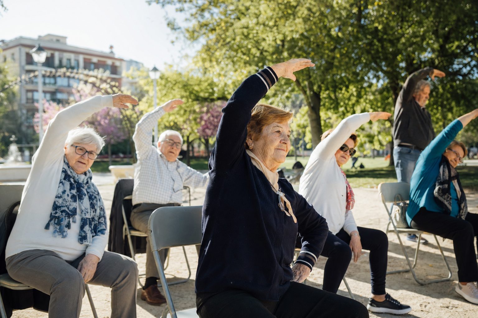 Grupo de personas mayores participando en una actividad comunitaria al aire libre en un parque urbano