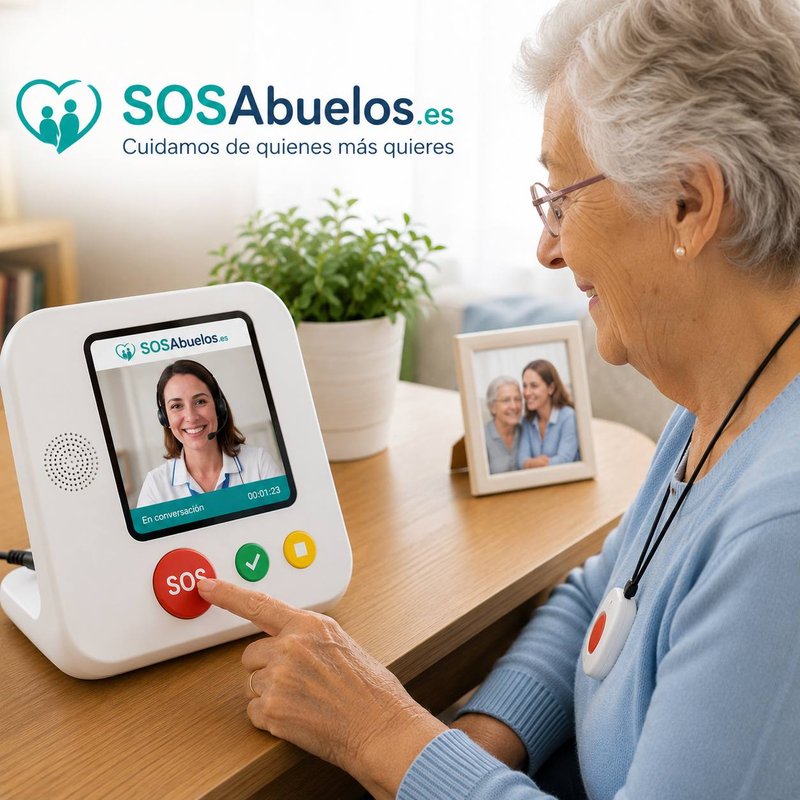 Persona mayor utilizando un dispositivo de teleasistencia desde su hogar para contactar con un servicio de asistencia 24 horas
